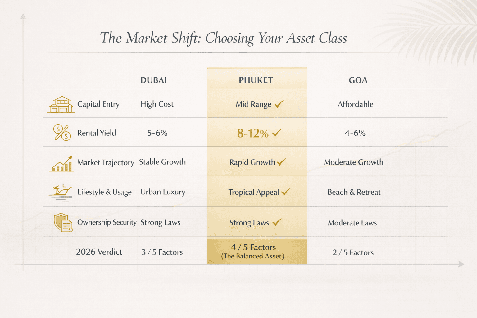 Infographic: The Market Shift — Dubai, Phuket, and Goa compared on capital entry, rental yield, trajectory, lifestyle, ownership security, and 2026 verdict
