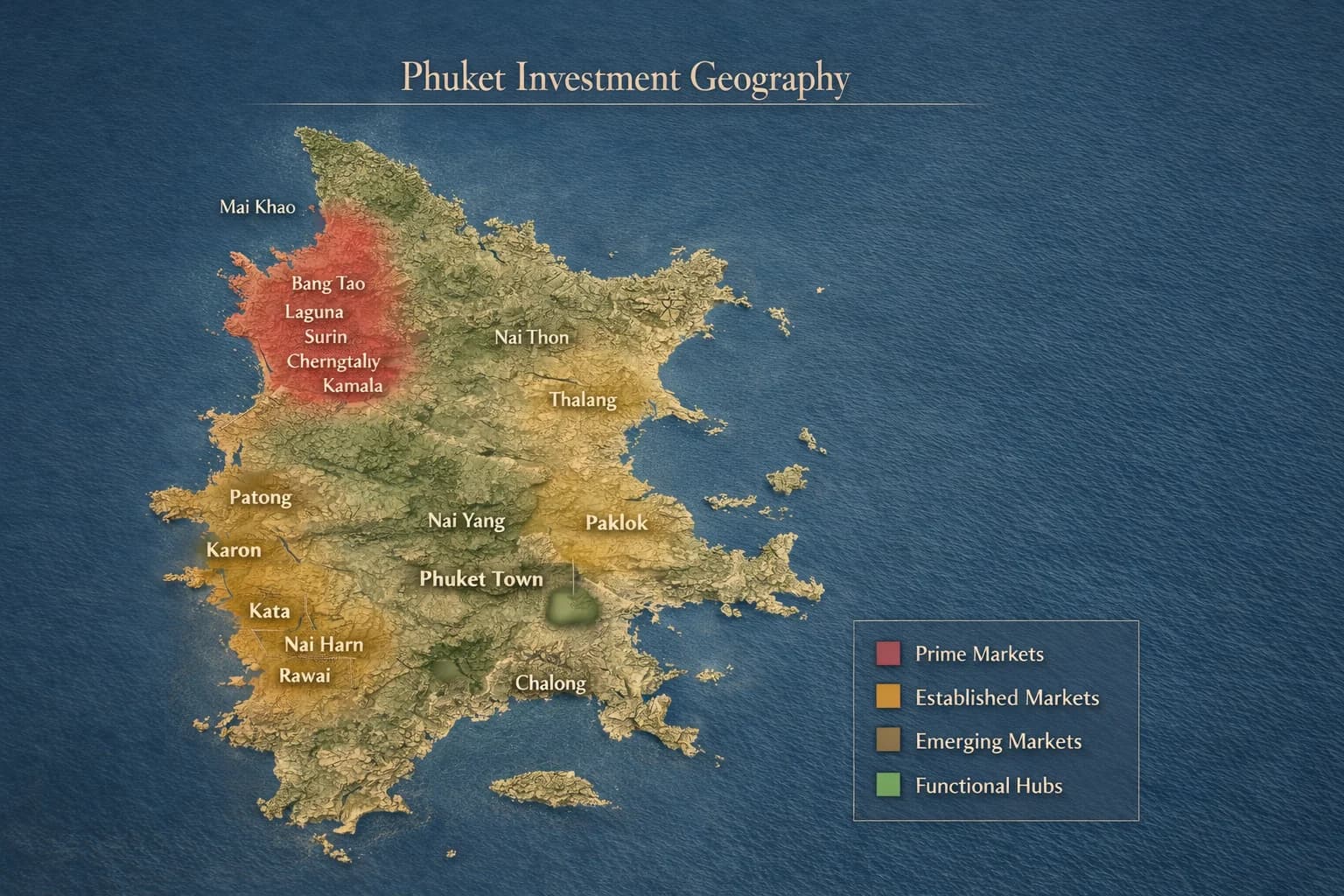 Phuket Investment Geography Map showing Prime, Emerging, and Established market tiers for Indian HNI capital.